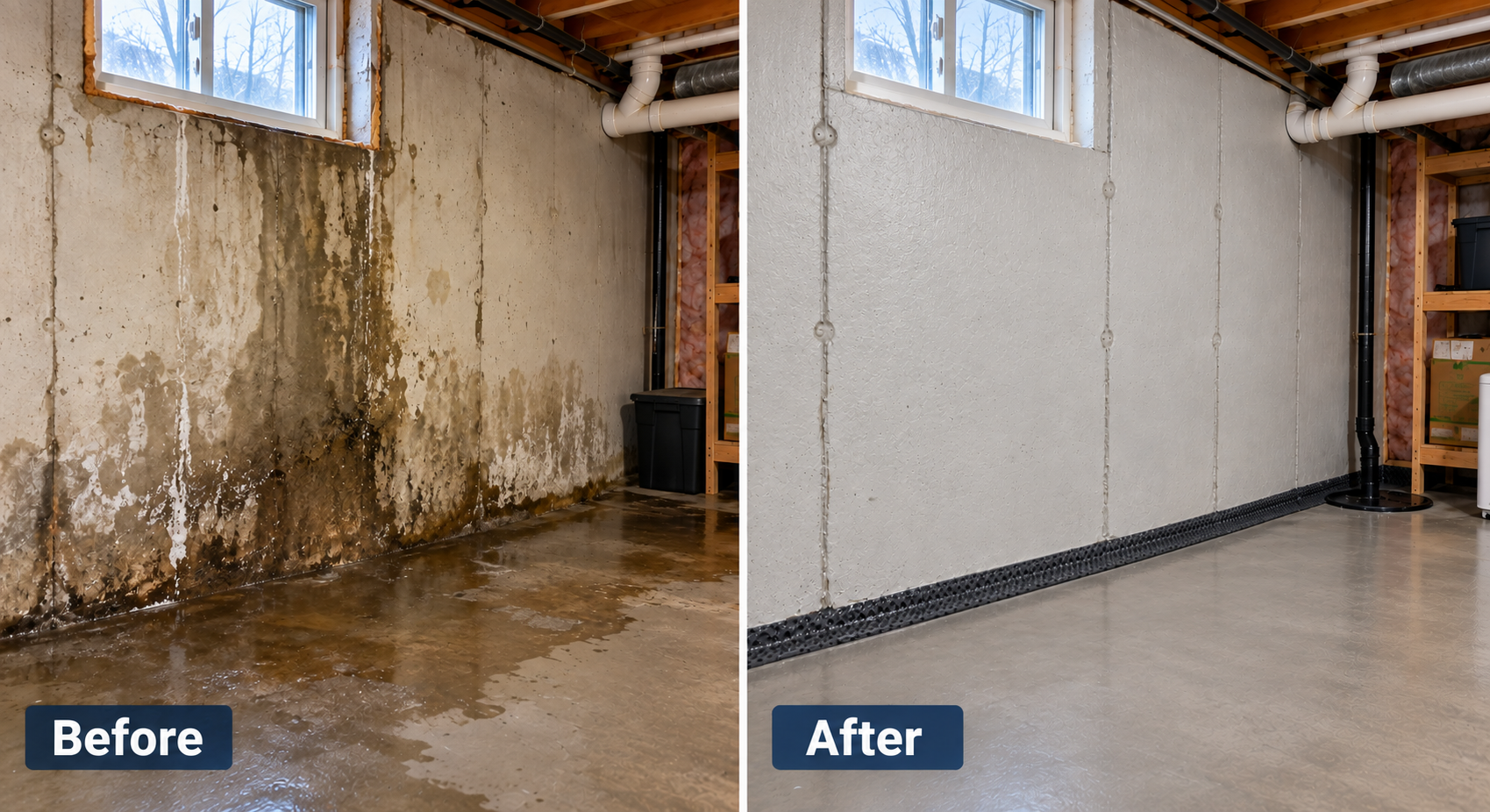 Dry basement with sealed block walls and a perimeter drainage channel
