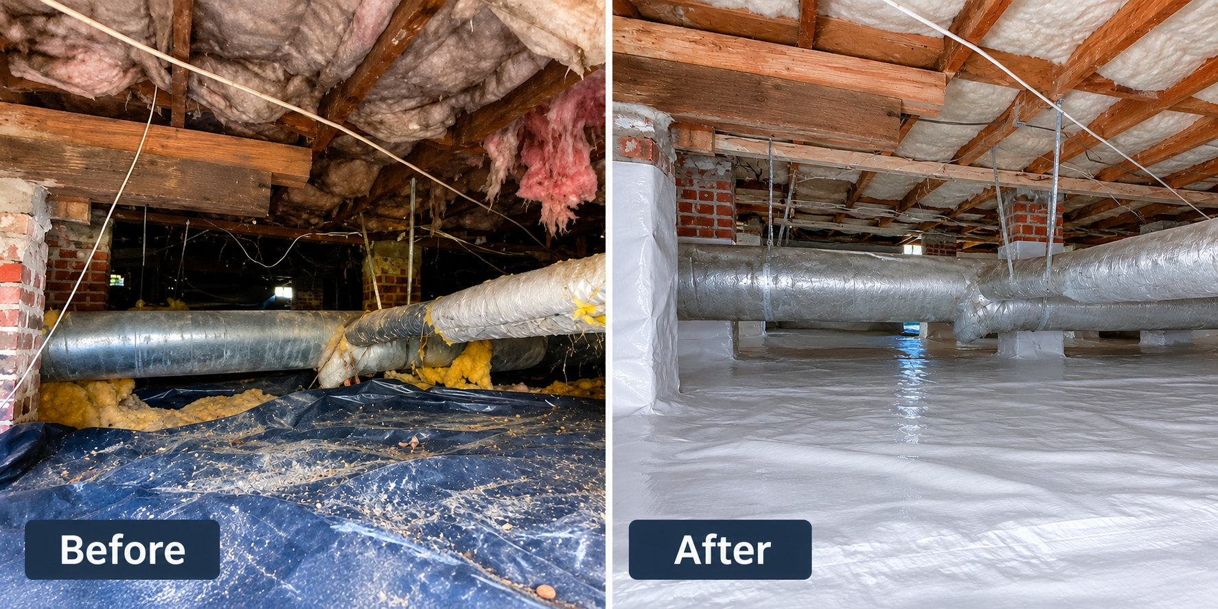 Adjustable steel support jacks holding up wooden floor joists in a crawl space